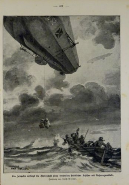 1917 - alter Druck - Ein Zeppelin versorgt die Mannschaft eines versenkten feindlichen Schiffes mit Nahrungsmitteln